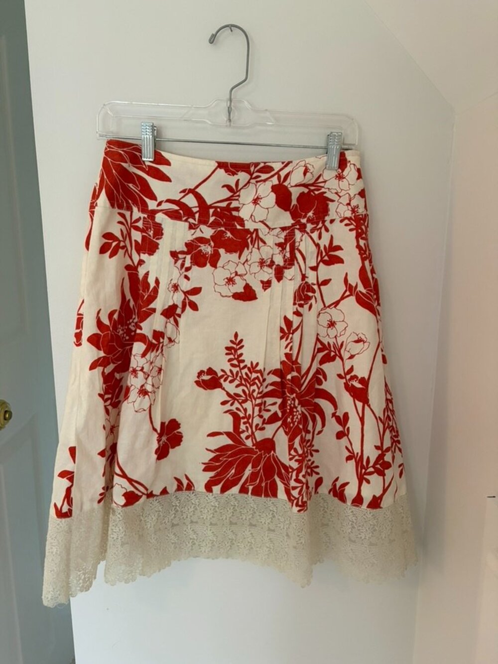 Ann Taylor Skirt Women's 0 Ivory Red Floral Pleated Cotton Lace A-Line